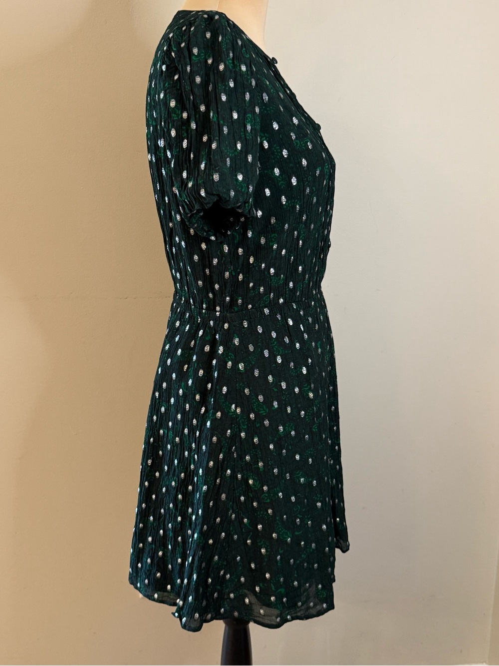 Loft fit & flare dress forest green & floral metallic pattern SZ M - Picture 2 of 14